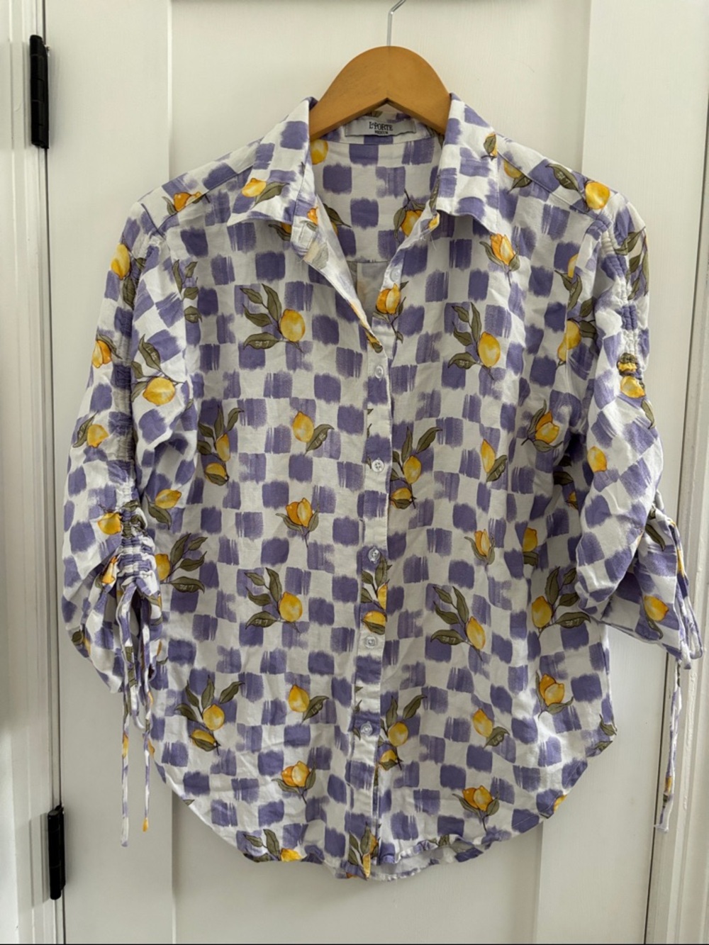 La Porte Lemon Printed Cinch Sleeve Shirt linen blend Anthropologie